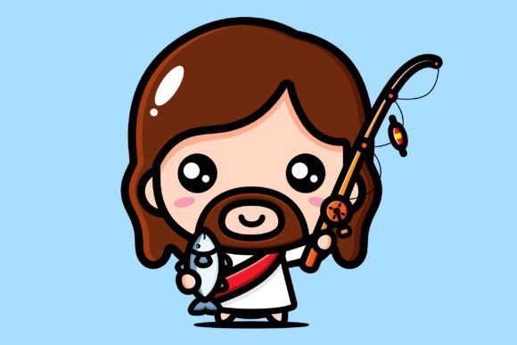 Cute Jesus Holding Fish and Fishing Rod Illustrations