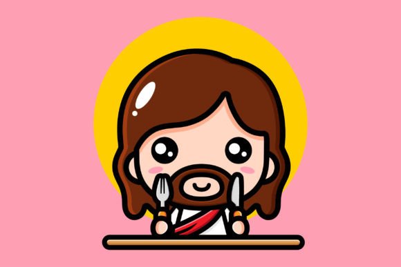 Cute Jesus Prepares to Eat Illustrations