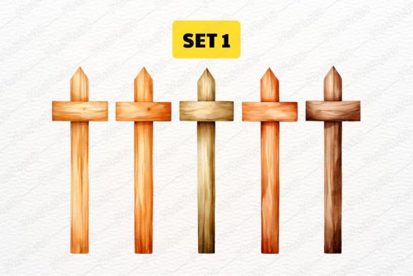 Watercolor Wooden Christian Cross Set and Illustrations